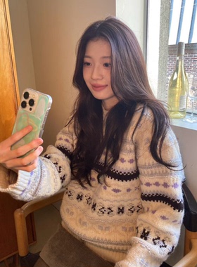 陆续！高质感保暖羊毛针织衫韩国25冬ER*ME复古图案费尔岛毛衣女
