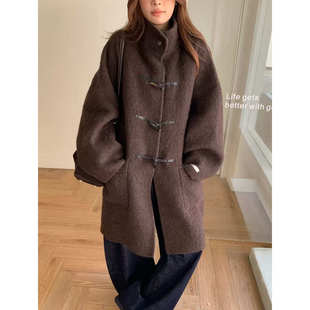呢外套女 中长款 陆续 新苏力羊驼绒牛角扣双面羊毛大衣立领阔版