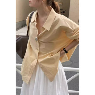 秒发！极简设计26春韩国OUNCE超显白宽松休闲淡黄色长袖衬衫上衣