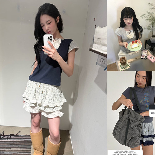 现货！ae碎花领口拼接撞色圆领系带小上衣短袖T恤修身版型
