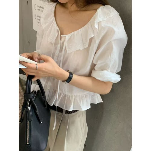 现货！OUNCE荷叶边泡泡袖衬衫韩国26秋温柔甜美纯色长袖上衣女