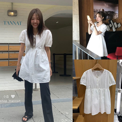 现货！tannat泡泡袖连衣裙夏季新款韩国设计师褶皱圆领白色短裙女