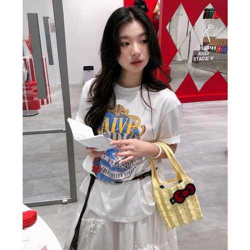 车静媛同款2026夏季韩国设计师ra*ve复古做旧字母短袖T恤女
