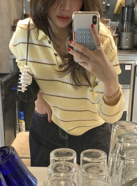 秒发！慵懒休闲黄色条纹polo衫25秋冬新品韩国百搭翻领针织上衣女