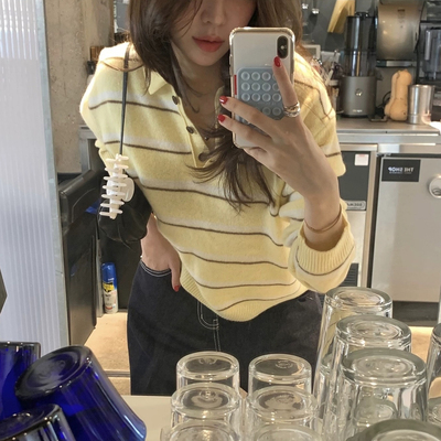 秒发！慵懒休闲黄色条纹polo衫25秋冬新品韩国百搭翻领针织上衣女