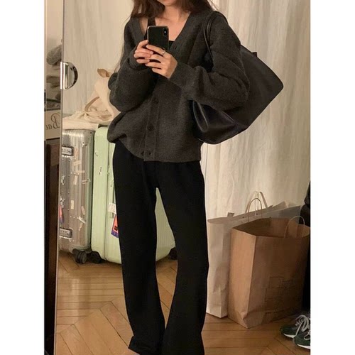 瘦腿神器OUNCE复古摩登风微喇休闲裤女韩国26秋宽松松紧腰长裤子