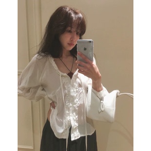 氛围感防晒长袖 现货 新款 韩国2026春季 上衣 少女感荷叶边系带衬衫