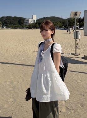 lillycotts蕾丝花边衬衫韩国夏新款甜美泡泡袖短裙+抽绳休闲裤女