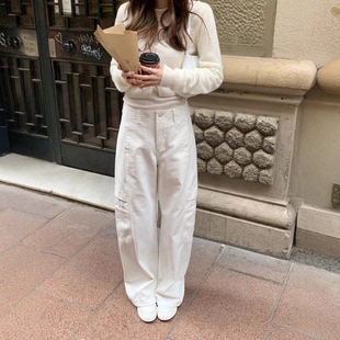 风多口袋设计直筒阔腿裤 26春韩国宽松休闲工装 女 白色牛仔裤 秒发
