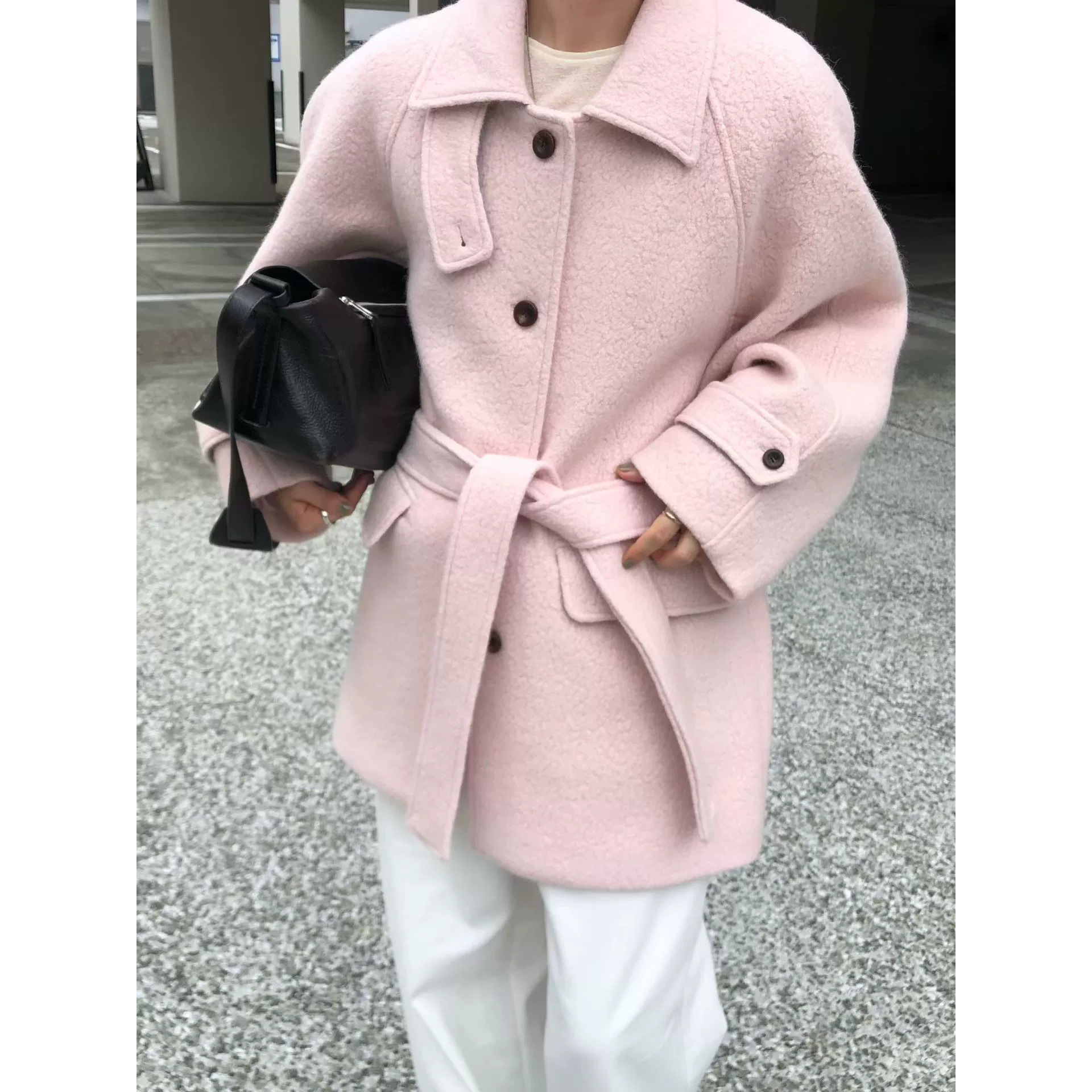 陆续！韩国东大门25秋冬新款awe*rins粉色加厚羊驼毛单排扣大衣女