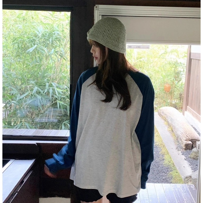 秒发！闭眼入插肩袖T恤2025早秋韩国宽松圆领长袖上衣拼色卫衣女