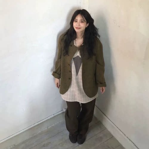 现！viaplain通勤格纹羊毛西服2026秋韩国设计师小立领西装外套女