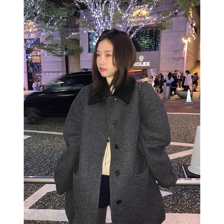 下架!th*Bar*net设计师韩国八奶宽松翻领单排扣羊毛呢大衣外套女