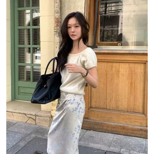 现货！时髦精OBJET针织短袖+抹胸+半裙韩国26秋新款50羊毛上衣女