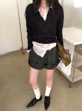 现货！高腰大卷边短裤2026夏新款韩国Lake side宽松阔腿直筒裤女