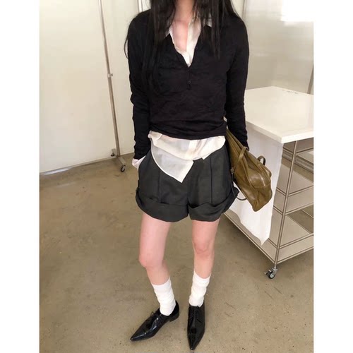 高腰大卷边短裤2026夏季新款韩国Lake side宽松压褶阔腿直筒裤女