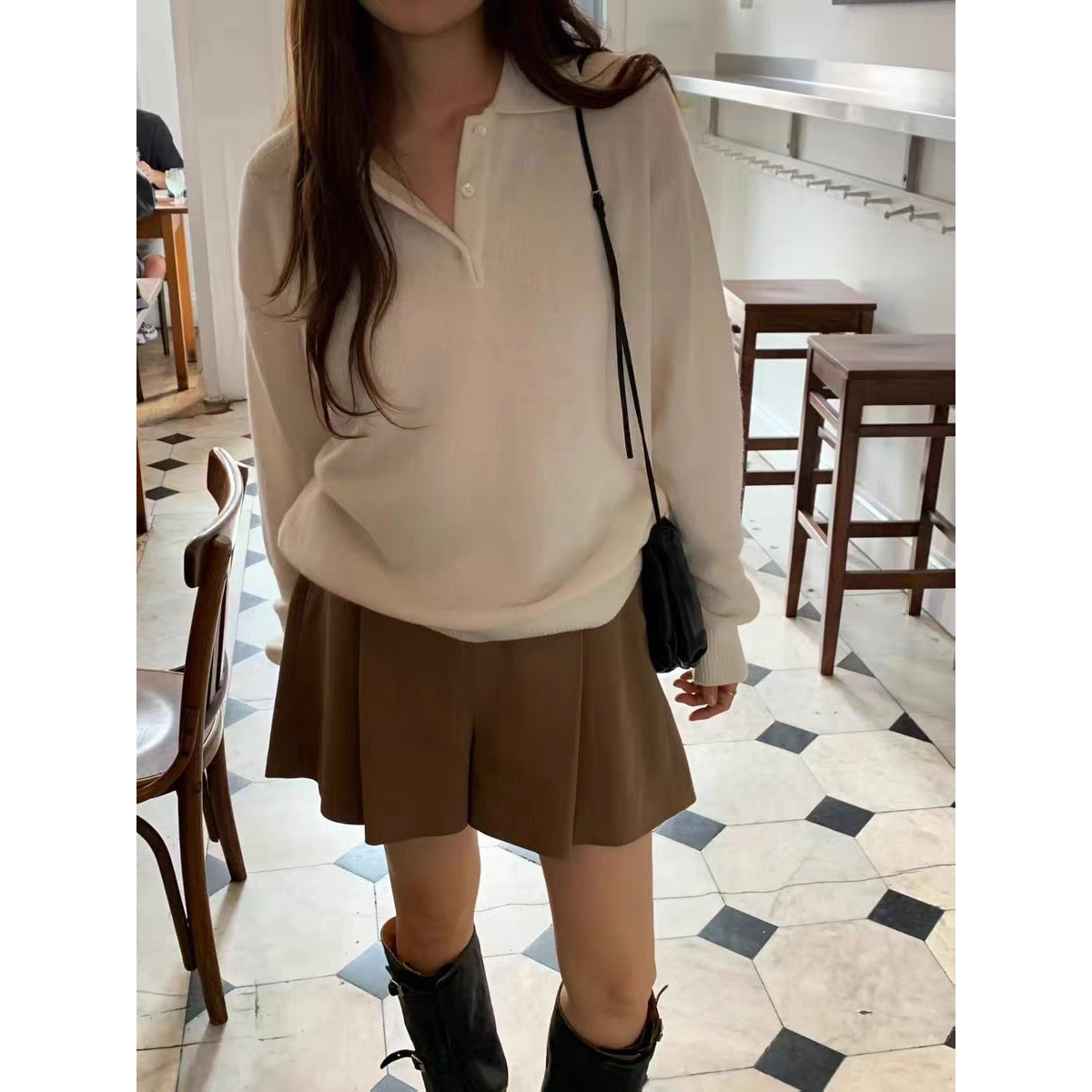 陆续！OUNCE休闲短裤2025秋季韩国气质高腰宽松显瘦纯色A字靴裤女