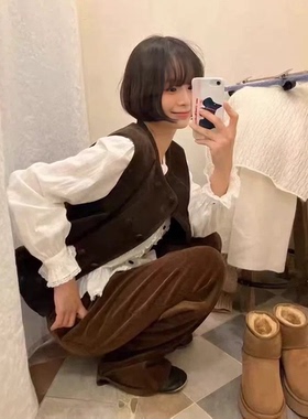 秒发！韩系复古灯芯绒马甲韩国设计师viaplain叠穿双排扣背心外套