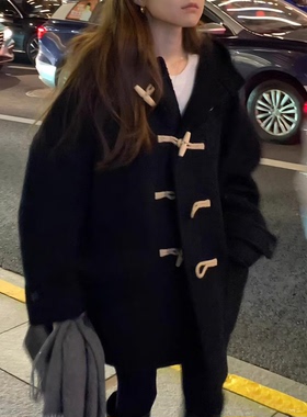 秒发！OUNCE牛角扣羊毛大衣韩国25冬新减龄学院风纯色连帽外套女