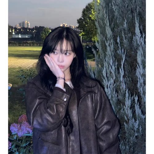 现！金冬天同款26秋新款韩国设计师Rai家宽松翻领复古皮衣外套女