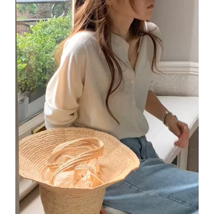 上衣女 25秋冬韩国设计师纯色单排扣长袖 秒发 OUNCE圆领针织开衫