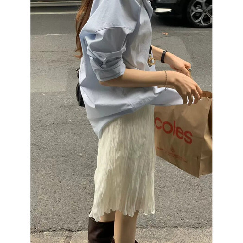 现货！OUNCE奶油色褶皱半身裙26夏新款韩国甜美温柔高腰中长裙女