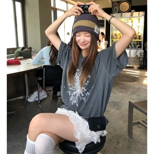 复古做旧印花T恤2025年夏韩国宽松显瘦圆领套头短袖 现货 上衣女