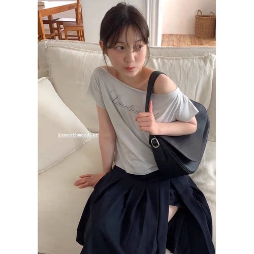 现货！李锦华同款smoothmood斜肩字母T恤韩国夏新款短袖上衣女