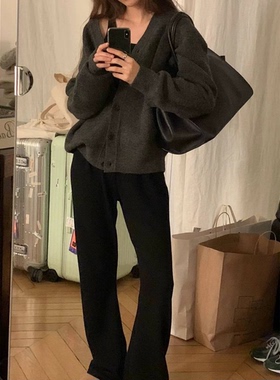 秒发！复古摩登风25秋冬韩国OUNCE宽松纯色松紧腰微喇休闲裤长裤