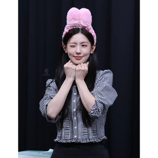 韩国单排扣白色长袖 春新款 上衣女 木耳边格纹衬衫 赵美延同款