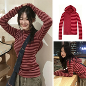 现货 上衣 连帽长袖 宽细条纹拼接撞色长袖 T恤韩国2026不对称修身