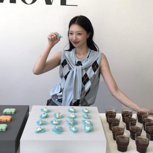 英伦风2026春季 韩国设计师撞色菱格纹披肩针织背心马甲上衣女 新款