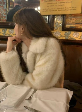 秒发！OUNCE短款毛绒外套25秋韩国休闲保暖奢华感翻领毛毛上衣女