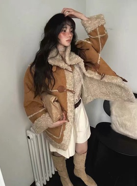 秒发！复古设计感韩国25冬FOUNDATI*N牛角扣两面穿皮毛一体外套女