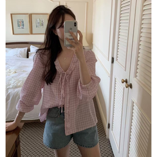 秒发 上衣女 慵懒设计感韩国PTY木耳花边系带V领格子衬衫 防晒长袖