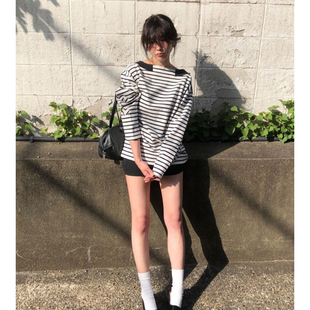 现货 上衣 baby酱小众设计撞色条纹T恤韩国26春通勤休闲套头长袖