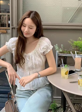 OUNCE甜美碎花短袖衬衫韩国26夏季新款收腰显瘦纯欲泡泡袖上衣女