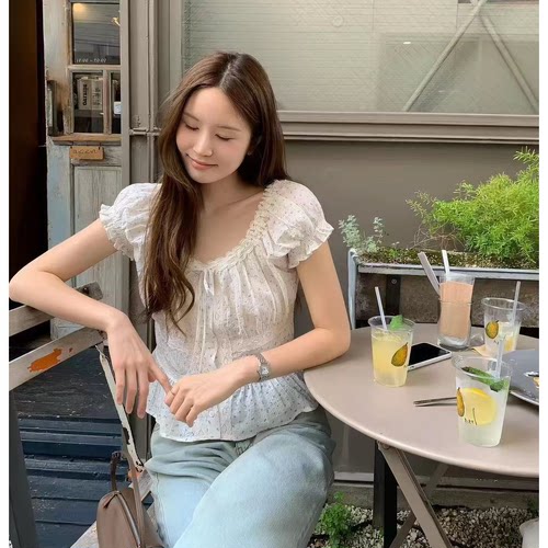 OUNCE甜美碎花短袖衬衫韩国26夏季新款收腰显瘦纯欲泡泡袖上衣女