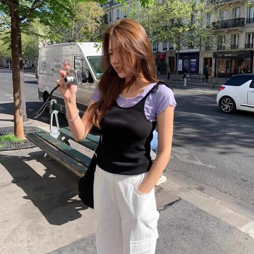 现货！tannat叠穿两件套26夏韩国气质甜美系带吊带木耳边短袖T恤