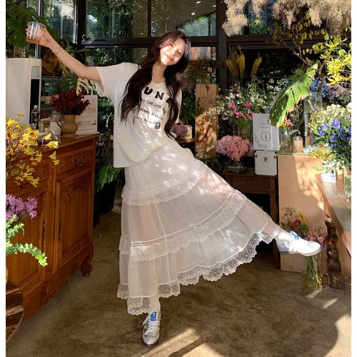绝美花仙子韩国2026夏季新款法式蕾丝拼接半身蛋糕裙蓬蓬裙