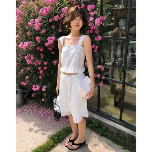 viaplain蕾丝拼接五分裤韩国2026夏季新款高腰直筒显瘦白色短裤女