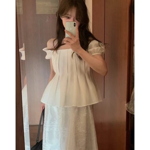 秒发 上衣女 优雅通勤韩国2025夏OL风一字领压褶收腰a字短袖 衬衫
