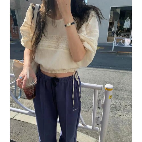 现货！tannat法式温柔风蕾丝拼接长袖衬衫夏新款收腰圆领上衣女