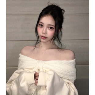 一字肩连帽卫衣韩国2026新款 s甜美拼接针织蝴蝶结上衣 thet