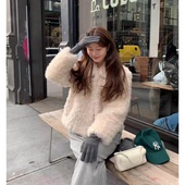 新款 秒发 OUNCE皮毛一体外套26冬季 韩国甜美温柔米色毛毛上衣女