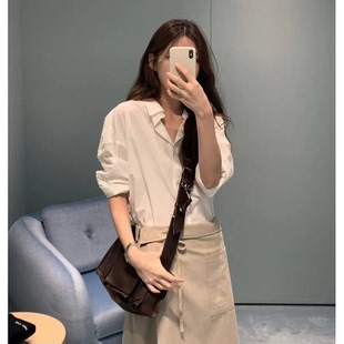韩国ins宽松慵懒翻领单排扣长袖 新款 上衣 女2026春季 OUNCE纯色衬衫