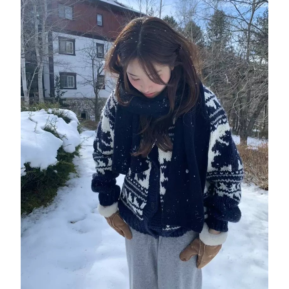 陆续！OUNCE费尔岛毛衣25秋冬韩国东大门复古翻领针织开衫外套女