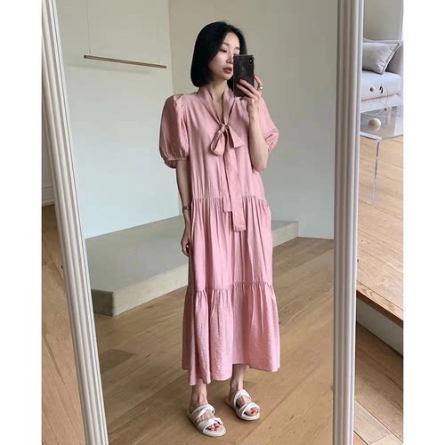 大促清仓！法式粉色泡泡袖连衣裙韩国26夏蝴蝶结绑带设计中长裙女