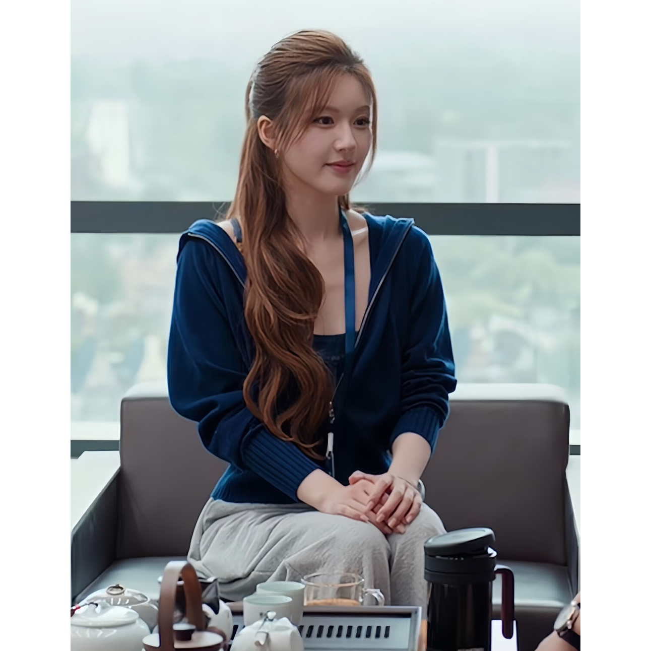 秒发！赵露思同款25秋冬韩国羊毛连帽针织外套灰色休闲裤两件套女