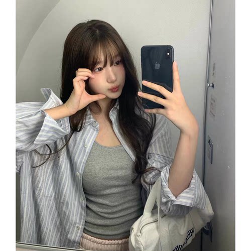 慵懒感竖条纹衬衫韩国26夏季新款经典百搭宽松翻领防晒长袖上衣女